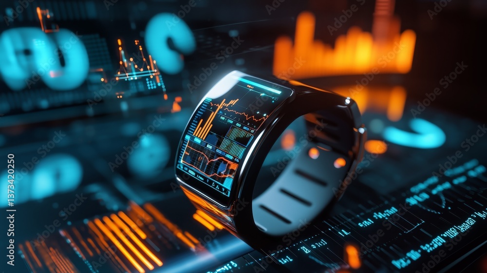 Poster smartwatch displaying 3d data and graphs in a futuristic environment
