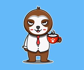 Lazy Sloth Businessman Vector Illustration: Cute Animal Character Holding Coffee, Perfect for Office Humor and Relaxing Break Concepts, Vector Art.