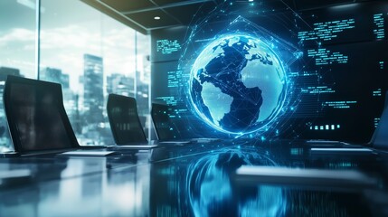 Spinning Hologram of Earth in Modern Office Environment