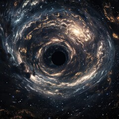 A mesmerizing and intricate representation of a black hole surrounded by swirling galaxies and glowing cosmic clouds. The image showcases a vast expanse of space filled with clusters of stars, creatin