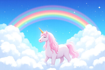Fototapeta premium white unicorn with a pink mane standing in the clouds