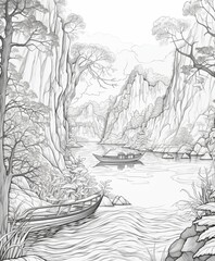 Intricate line art depicting a serene landscape featuring two boats on a calm river, surrounded by towering cliffs and lush trees, with a peaceful atmosphere and stylized details in the foliage and wa