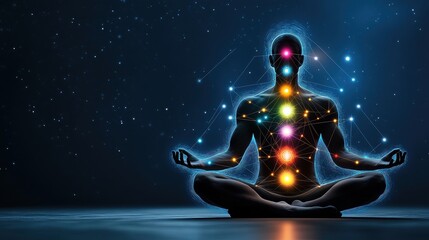 A serene digital illustration depicts a meditating figure with vibrant illuminated chakras connected by glowing energy lines against a dark starry background symbolizing inner