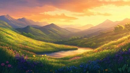 A serene landscape featuring rolling hills bathed in the warm glow of a sunset. The foreground is adorned with colorful wildflowers, while a gentle river meanders through the vibrant fields. Majestic 