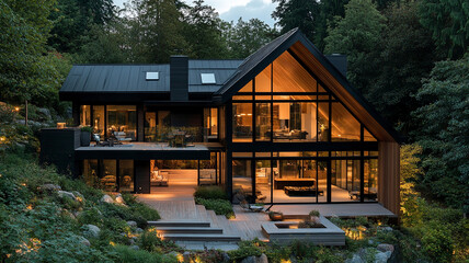 Modern frame house with sharp black roof in forest setting