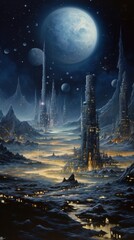 A breathtaking sci-fi landscape featuring towering futuristic skyscrapers illuminated by warm golden lights against a dark, star-filled sky. Massive celestial bodies hover in the background, enhancing