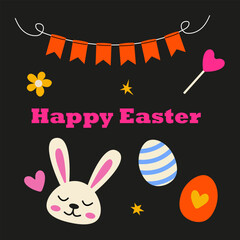 Colorful Easter decorations with bunny, eggs, and festive elements for celebration