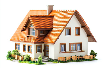 Charming modern house with orange roof and garden on white background