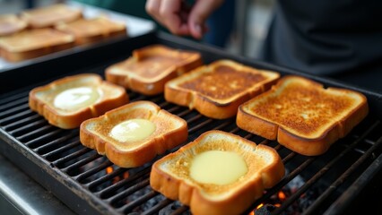 Egg Toast Cooking On Outdoor Grill