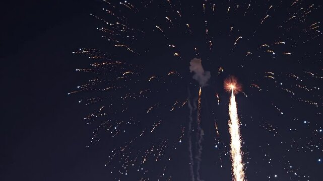 Spectacular nighttime fireworks display illuminating the sky in vibrant bursts