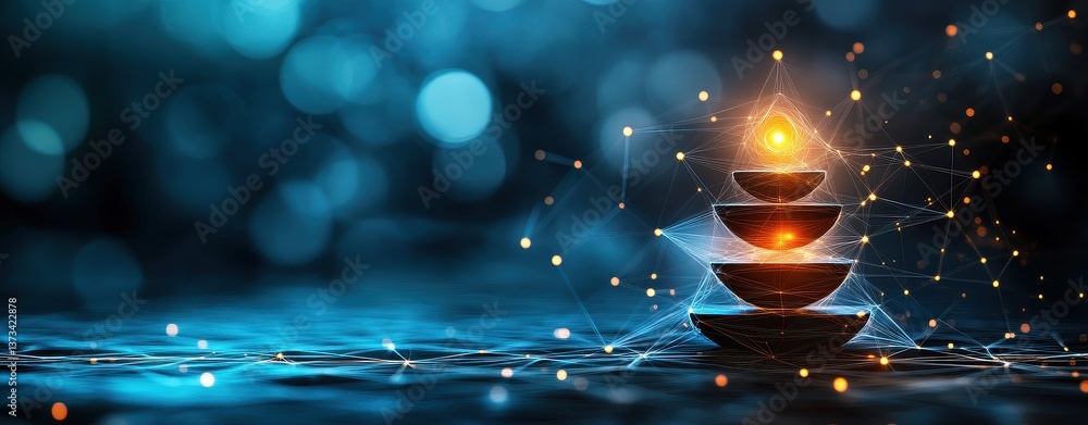 Poster an abstract digital artwork depicts a glowing chakra alignment concept using layered bowls and geome