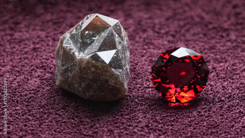 Poster sparkling gemstones: dynamic ruby and quartz transformation on velvet background