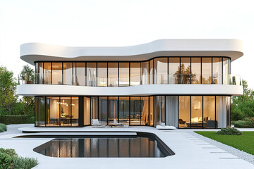 Naklejka premium Modern house with large glass windows and pool in serene setting