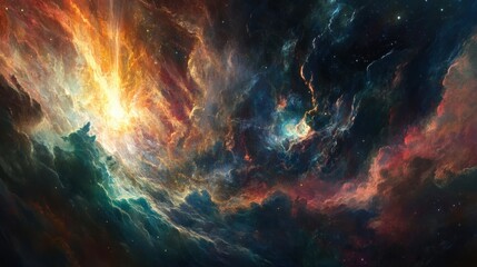 Fototapeta premium A vibrant and ethereal cosmic scene depicting swirling clouds of gas and vibrant colors blending seamlessly in a nebula-like formation. The image features bright bursts of light amidst deep blues, pur