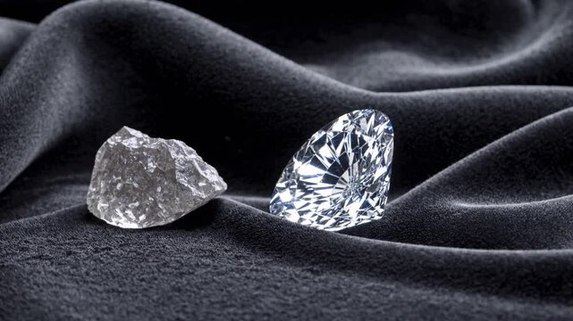 Sparkling journey: rough to polished diamonds on elegant fabric