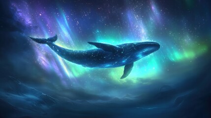 Fototapeta premium A majestic whale swims gracefully through a cosmic scene illuminated by vibrant auroras and scattered stars. The whale is depicted in shades of blue and white, exuding an ethereal glow, while the back