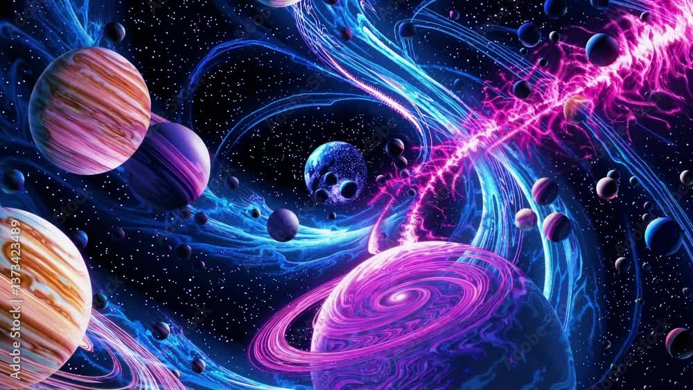 Poster cosmic journey through vibrant celestial nebulae and spiraling planets in deep space