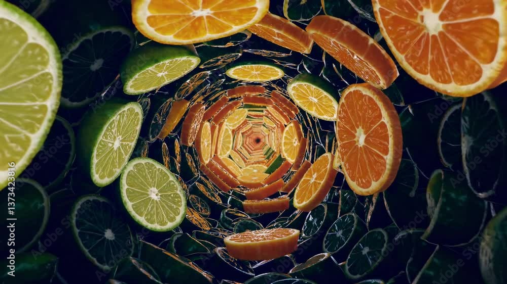 Aufkleber vibrant citrus spiral transition with oranges and limes rotating in kaleidoscope effect