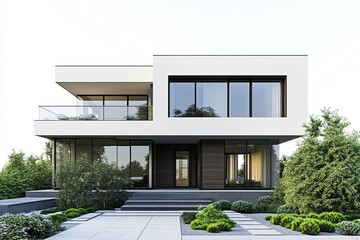 Modern house with large windows and garden on white background