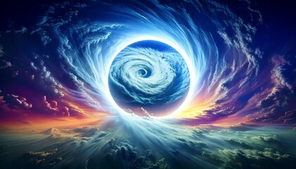 Fototapeta premium 空に浮かぶ渦巻くエネルギー球、幻想的な宇宙の目、光に包まれた空間の中心、スピリチュアルな天体のビジョン、渦状に広がる雲と光のアート、宇宙と繋がるポータルのような景色、エネルギーが集まる神秘の球体、天と地を繋ぐ幻想の回廊、光の中に現れる異次元の入り口、空と宇宙が融合するファンタジー風景 