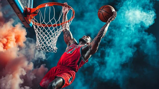 Basketball Player Performs a Slam Dunk Surrounded by Vibrant Smoke Generative AI