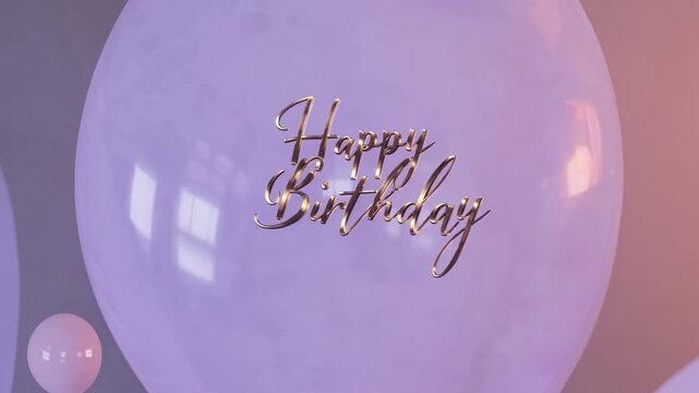 Glowing purple balloon celebrates happy birthday with shimmering letters