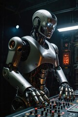 Futuristic robot DJs electrify the dance floor in a neon-lit cyber rave