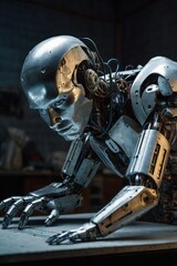 Fototapeta premium Humanoid Robot Writing in a Library, Focused on Learning and Knowledge