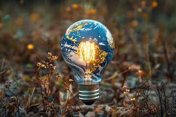 Light bulb shaped like planet Earth illuminates the beauty of nature in the background