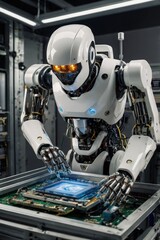 Robot technician performing advanced microchip diagnostics in a futuristic lab setting