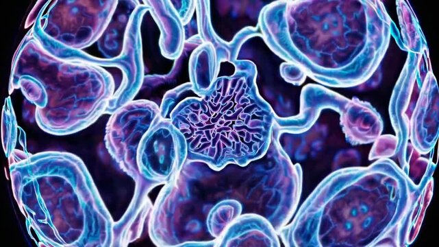 Microscopic transformation of vibrant cell structures in colorful evolutionary animation