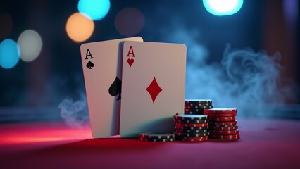 Ace Cards Stacked With Casino Chips