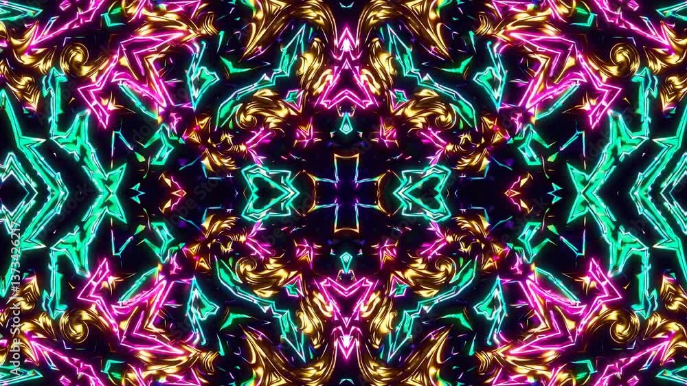 Poster vibrant kaleidoscope pattern with dynamic neon motion and reflective symmetry