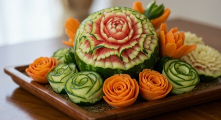 Elegant fruit carving art displayed on a wooden tray  