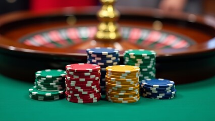 Naklejka premium Casino Chips With Roulette Wheel Background