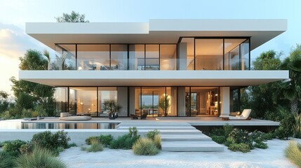 Fototapeta premium Modern luxury beachfront house with infinity pool, spacious terrace, and large windows overlooking lush greenery at sunset.
