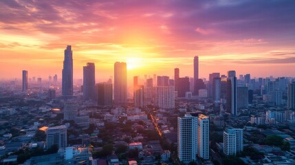 Fototapeta premium Sunset cityscape bangkok urban landscape evening aerial view serene atmosphere for city explorers