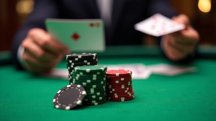Naklejka premium Poker Chips And Player Holding Cards