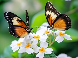 Fototapeta premium Two Monarch Butterflies Resting on White Flowers with Green Leafy Background