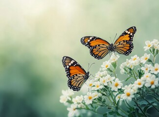 Fototapeta premium Monarch Butterfly Gathering Nectar From Delicate White Flowers in Summer