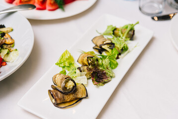 Stuffed Eggplant Rolls with Fresh Greens. Colorful mixed salad with grilled vegetables, tender meat pieces, potatoes, and leafy greens served on a white plate with spoon.
