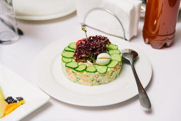 Vegetable Salad with Cucumber and Quail Egg Garnish. Beautifully plated vegetable salad topped with...