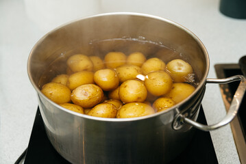 Boiling baby potatoes in stainless steel pot. Fresh unpeeled baby potatoes cooking in a pot of hot water, steam rising during food preparation on kitchen stovetop.
