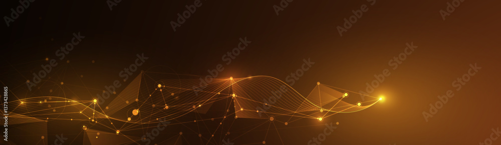 Poster Vector Abstract molecule, internet network connection design for web site. Network Connected line and dot, technology on dark gold background. Digital data, communication, science, futuristic concept