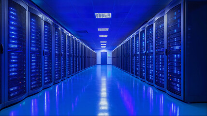 Blue illuminated server datacenter corridor with rows of network computing hardware, digital technology infrastructure