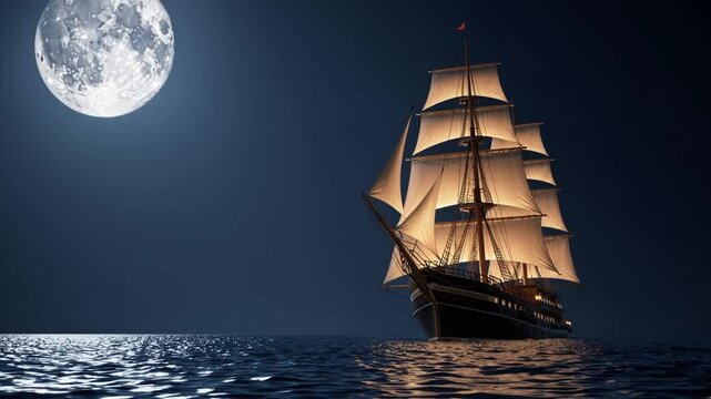Majestic sailing ship glides under full moon on tranquil ocean