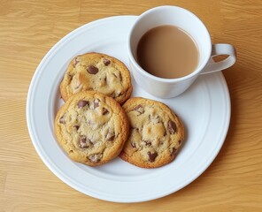 Chocolate Chip Cookies and Coffee Break on Plate Overhead View