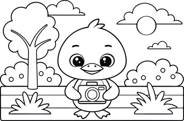 Cartoon Duckling Holding Camera in Outline Style Surrounded by Nature Elements