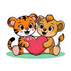 Cute Tiger And Lion Hug Love Heart Cartoon Vector Icon