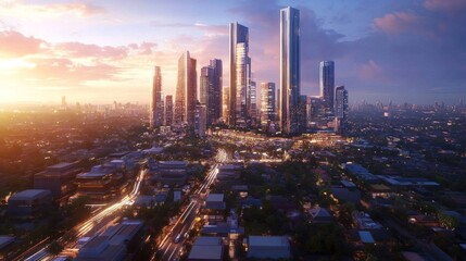 Obraz premium Urban skyline transformation cityscape digital artwork sunset aerial view futuristic architecture for seo impact